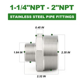 TAISHER 2PCS Cast 304 Stainless Steel Hex Nipple, Reducer Pipe Fitting 2" NPT Male x 1-1/4" NPT Male