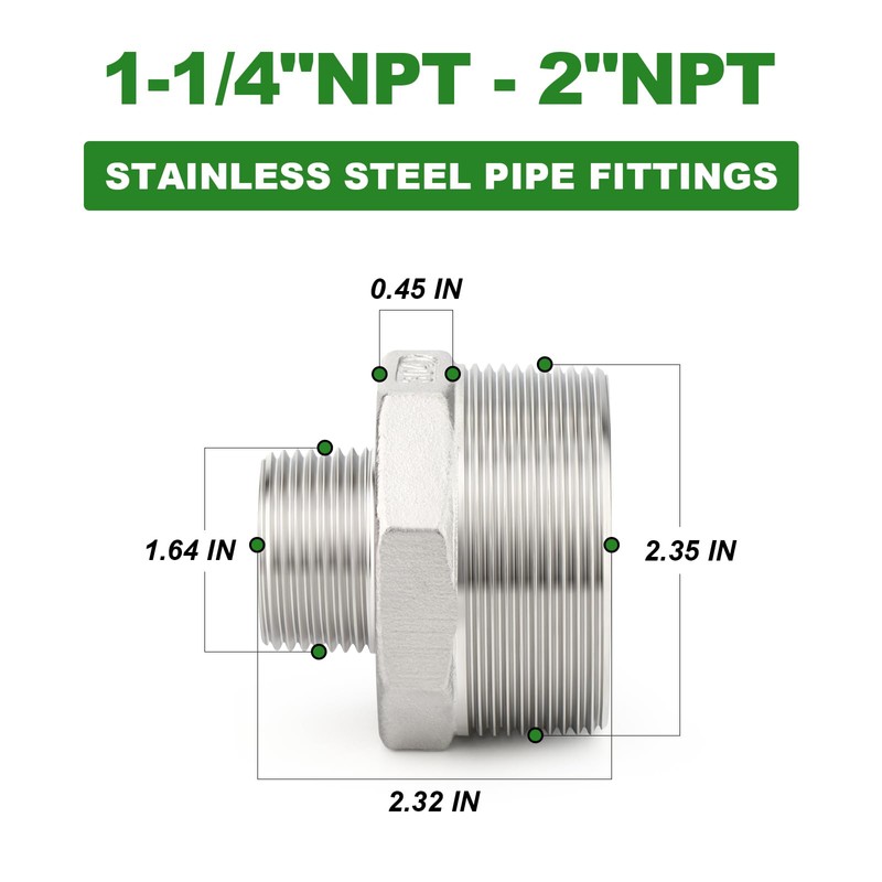 TAISHER 2PCS Cast 304 Stainless Steel Hex Nipple, Reducer Pipe