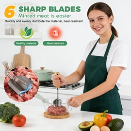304 Stainless Steel Meat Chopper & Masher - Heavy Duty 6 Curve Blades Ground Beef Chopper Tool Potato Masher Hamburger Smasher Tool for Kitchen Cooking Vegetable Puree (Silver, M)
