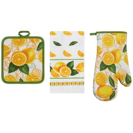 PREMIUS - Juego de 3 piezas de lino de cocina con estampado de limón, 1 toalla de algodón, 1 agarrador, 1 guante de horno con lazo para colgar, material 100% algodón en la parte delantera y respaldo