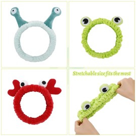 FRIUSATE 3 Pieces Face Wash Headband,Spa Headband Facial Makeup Head Band Snail Frog Crab Headband Coral Fleece Headband for Face Washing