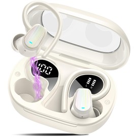 OYIB Wireless Earbuds, 50H Bluetooth 5.4 Headphones Sport, Bluetooth Earbuds with ENC Noise Canceling, HiFi Stereo Sound Wireless Earphones with Earhooks, IP7 Waterproof Ear Buds, White
