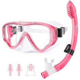 UPhitnis Children's / Adults’ Snorkel Set - Anti-Fog and Dry Snorkel - Anti-Leak Diving Mask - Snorkel Set for Boys / Girls - Pink, Blue, Black, Yellow, pink