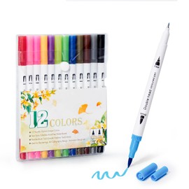 Hopesky 12 Colors Markers for Adult Coloring Books No Bleeding - Dual Tip Water Based Art Coloring Markers Set for Drawing, Painting, Fine Tip and Brush Tip Brush Pens for Artists(White Barrel)
