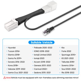 Radar Detector Power Adapter RJ11 Plug (10Pin Type H Connector) Compatible with Select Hyundai/Kia,Genesis,Niro and More with Auto-dimming Rearview Mirror,Radar Detector Adapter Cable,Clean Install