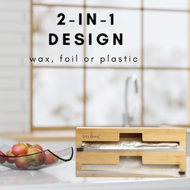 DECOMIL 2 in 1 Plastic Wrap Dispenser with Cutter, 13.5" Standard Design, Aluminum Foil Dispenser, Drawer and Wall Mount, Bamboo