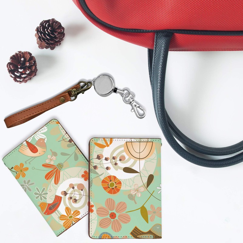 Pretimo Pass Case with Reel, Scandinavian Bird, Green, Scandinavian Pattern,