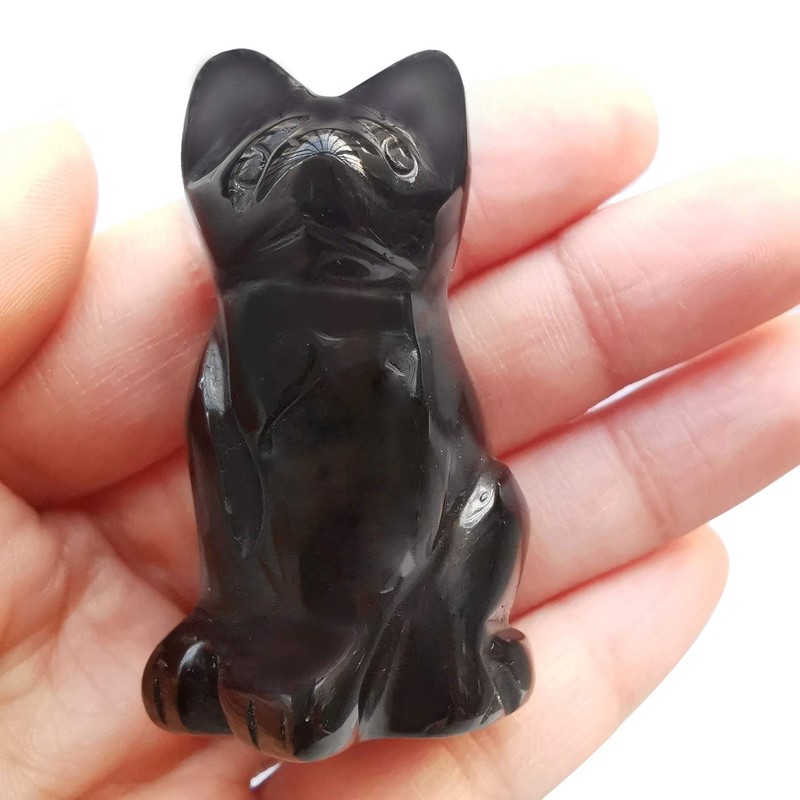Lovionus89 Natural Black Obsidian Cat Crystals Stones Statue, 5cm Bag