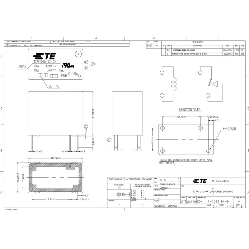 TE Connectivity T77V1D10-12 Tyco-P&B, 10A 12V SPST, General Purpose Relay