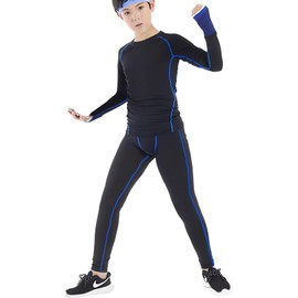 HSTiSan - Conjunto de compresión para niñas y niños, con capa base, leggings deportivos y pantalones deportivos para niños, 2 piezas, Negro-Azul, 11-12 Años