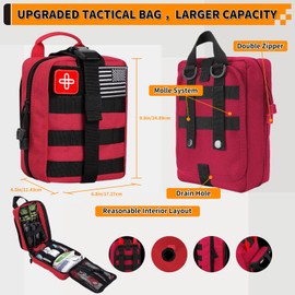 Survival Kit, Gifts for Men Women Teen Boys, 252 pcs Survival Gear and Equipment Mini First Aid Kit for Car Home, Emergency Kit with Molle System for Earthquake, Outdoor Adventure, Car Travel (Red)