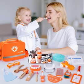 Dentist Play Set for Kids 3-5, Wooden Doctor Kit 33 Pcs with Real Stethoscope, Removable Teeth, Braces & Storage Bag | Pretend Play Medical & Dental Role Play Toys Gift for Toddlers Boys Girls