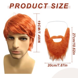UILYNIU 2 Pcs Mens Wig with Big Beard Ginger Wig Men's Short Wig Boyband Wig Punk Wig Rock Wig Fancy Dress Wig Orange Wig for Men 60s 70s 80s Costume Accessories for Party Carnival Halloween (Orange)