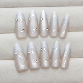 French Tip Press on Nails Almond Fake Nails Star Design with Rhinestones Reusable False Nails Full Cover Nude Press ons Nails Manicure Accessories for Women Girls 24Pcs
