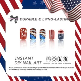 4th of July Press on Nails Medium Square Flag Fake Nails False Nails with Designs Bald Eagle Stars Fireworks Full Cover Glossy Glue on Nails Blue Red White Acrylic Nails for Women Girls 24 Pcs