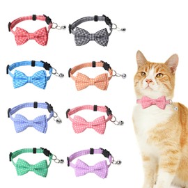COMSUN 8 Pack Polyester Cat Collars with Bowie Bow, Breakaway Kitten Collars with Removable Bell, Adjustable Cat Collars for Boy Girl Cats, Dots Pattern (9-12 inches)