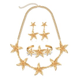 Starfish Earrings Necklace Braacelet - Gold Starfish Dangle Earrings Statement Adjustable Open Cuff Bangle Boho Summer Beach Starfish Charm Necklace Vacation Holiday Starfish Jewelry Set for Women (starfish earring necklace bracelet, 3)