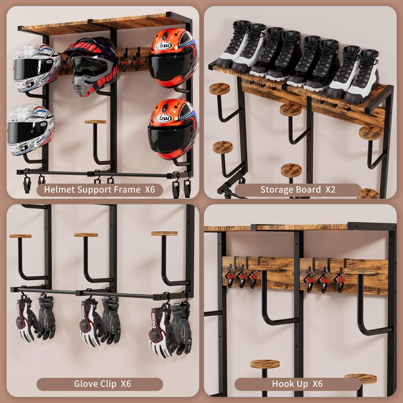 Motorcycle Helmet Rack with 6 J-hooks& 6 Clip Hooks –