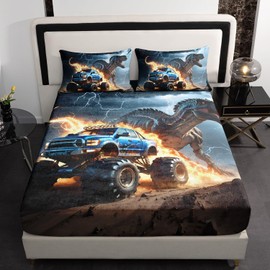 AILONEN Boys Velvet Full Fitted Sheet Set,3D Monster Truck and Dinosaur Printed Soft Flannel Comfortable Velvet Bed Sheet,16" Deep Pocket,1 Velvet Fitted Sheet + 2 Pillowcases,3-Piece