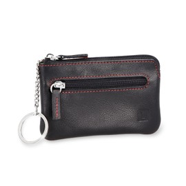LEDEROW Leather Key Case [2 Separate Compartments] Zip for Men and Women - Real Leather Key Case Large - Key Bag for All Keys, black/red