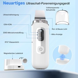 Dufuso Ultraschall-Gesichtsreinigung, Skin Scrubber mit 4 Modi und IPX7 wasserdicht, rotes und blaues Licht, professionelle Spachtel Mitesser Entfernung Tiefenreinigung Gesicht Peeling und Pflege