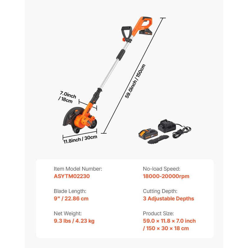 VEVOR Lawn Edger, 9-inch Large Blade, 20 V Battery Powered