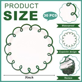 30Pcs Green Scalloped Paper Plates, Wavy Edge, 9 Inch
