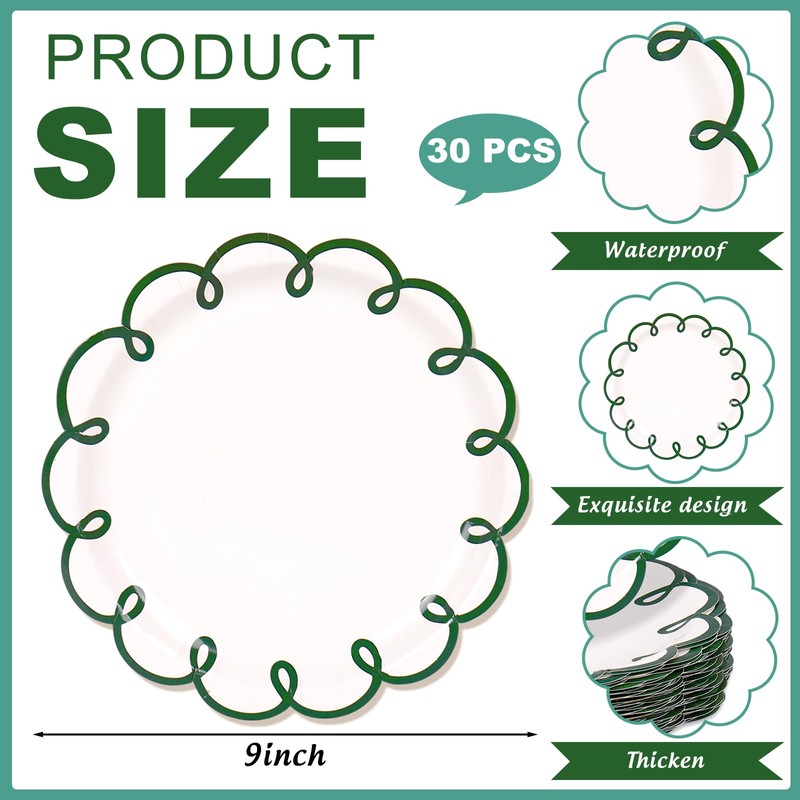 30Pcs Green Scalloped Paper Plates, Wavy Edge, 9 Inch