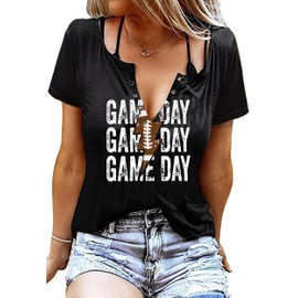Game Day Outfits Shirts Women V Neck Football Graphic Tee Tops Funny Football Game Day Shirts for Teen Girls(Black XXL)