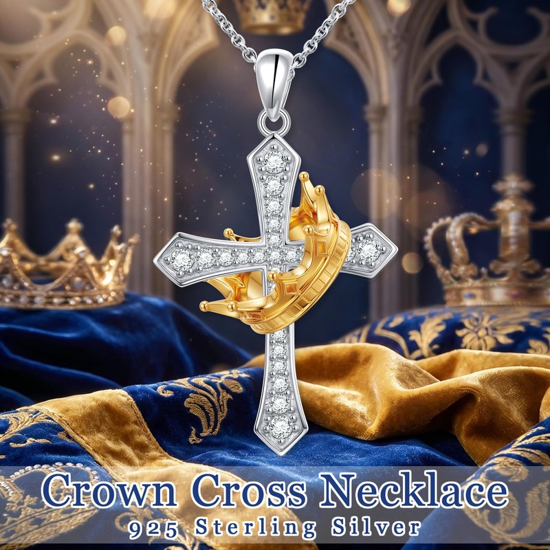 Alphm Cross Necklace with Crown S925 Sterling Silver