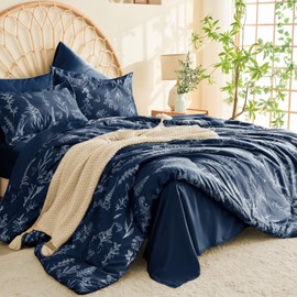 MUXHOMO Navy Blue King Comforter Set, Elegant Floral Print Bed in a Bag 7 Pieces, Ultra Soft & Breathable Reversible Botanical Pattern Bedding Set with Comforter, Sheets, Pillowcases, and Shams