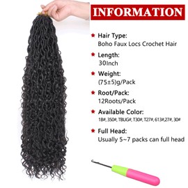 Xtrend 30Inch 8packs Bohemian Faux Locs Crochet Hair Pre-Looped Messy River Bohemian Locs Hair Wavy Crochet Braids With Curly Hair In Middle And Ends 12Strands/pack T30#…