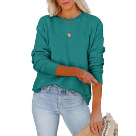 Pkabogbi Womens Casual Crewneck Sweatshirts Trendy Long Sleeve Solid Color Soft Lightweight Loose Fall Sweatshirt Blue Plus Size