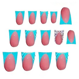 YIHONGYAN Press on Nails Square Short Fake Nails Press ons Blue French Nail Tips Artificial Acrylic Kit Full Cover Pink Duck Mouth False Nails with Rhinestone Design Stick on Nails for Women 24Pcs