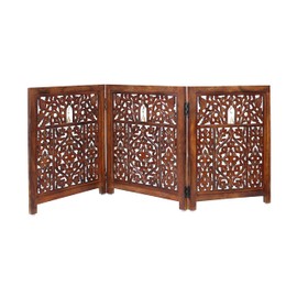 Wooden Foldable Pet Dog Safety Gate - 3 Panel 20" W x 24" H - Hand Carved Ghanti Bells Free Standing Portable Indoor Puppy Gate - Doorway Hall Stairs Dog Fence - Assembled - Rustic Brown - IRONGATE