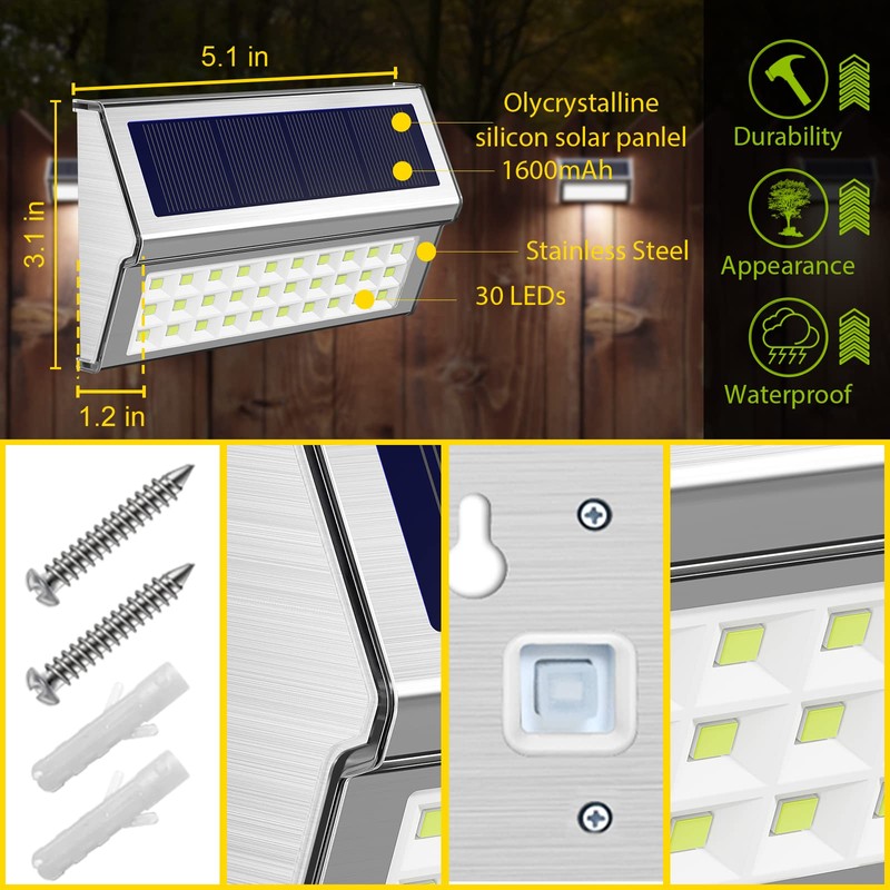 ROSHWEY Solar Lights Outdoor 6 Pack 30 LED Deck Lights