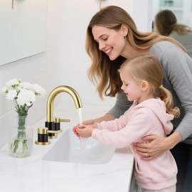 IUERASD Bathroom Faucet 3 Hole, Brushed Gold and Black Bathroom Sink Faucet with Pop Up Drain, 8 inch Widespread Bathroom Faucet with 360° Swivel Spout, 2 Handle Vanity Faucet with Water Supply Hoses