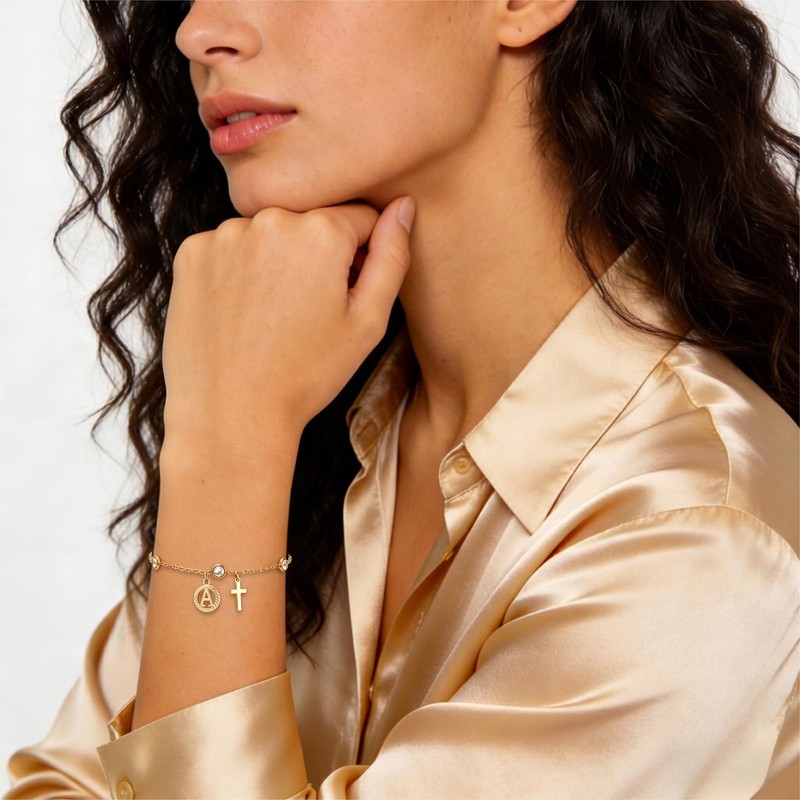 JATEBI 14K Gold Plated Bracelets for Women, Initial Cross Bracelet