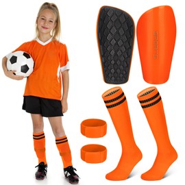 Regilt Soccer Shin Guards for Youth Kids, Shin Pads with Soccer Socks & Guard Straps, Calf Protective Gear for 6-18 Years Kids Teens Boys Girls (Orange, Medium)