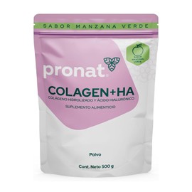 PRONAT | Colágeno Hidrolizado + Ácido Hialurónico, Suplemento Alimenticio, Sabor Manzana Verde, Bolsa con 500 gramos