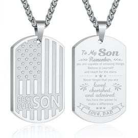GLITTO To My Son Necklace Gifts from Dad Father, Best Son Ever Dog Tags American Flag Pendant Chain Jewelry Christmas Birthday Valentines Father's Day Gifts Ideas Presents Teenage Boys Silver