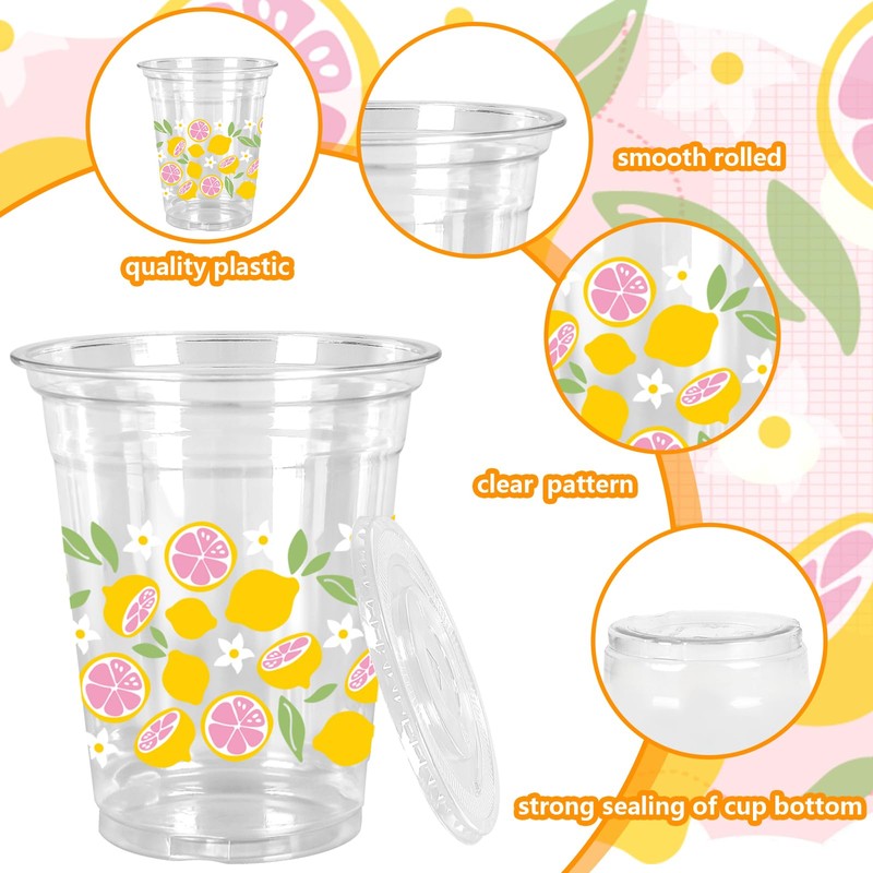 JarThenaAMCS 50 Pcs Summer Lemon Plastic Cups Disposable Cups with