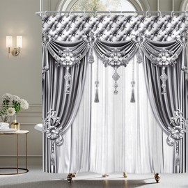 Riyidecor Silver White Shower Curtain European Style Vintage Retro Luxury Bridal Shower Elegant Simple Modern 72Wx72H Inch Women Girl Fabric Decor Bathroom Polyester Waterproof 12 Pack Hooks