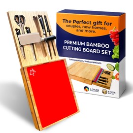 3-in-1 Bamboo Cutting Board Set – Knife Drawer, 15.7"x13.5" – 4 Color-Coded Mats | 6-Piece Knife Set | Pre-Oiled | Anti-Slip | Charcuterie & Prep | Premium Gift