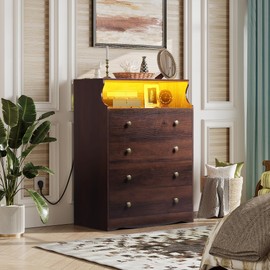 WLIVE LED Dresser for Bedroom, Tall Wood Dresser with 4 Drawers and Open Shelf, Chest of Drawers with Power Outlet for Living Room, Hallway, Closet, Rustic Brown
