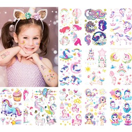 Fanoshon Glitter Unicorn Temporary Tattoos for Kids Girls Birthday Party Favors Supplies, 12 Sheets Rainbow Children Face Decoration Stickers Holiday Gift Goodie Bag Stuffers