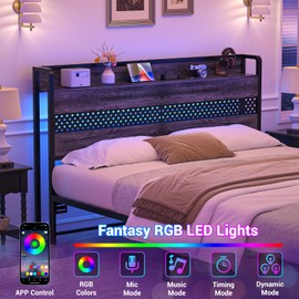 Aheaplus Headboard for Queen Size Bed with USB Ports, Outlets and LED Lights, Queen Headboard with Storage Shelf, Sturdy Metal Frame, Height Adjustable, Bed Frame Mount, Grey Oak