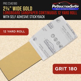 ProductionShop Premium 180 Grit PSA Gold Longboard Sandpaper, 2-3/4" Wide Continuous 12 Yard Roll - Self Adhesive Stickyback for Autobody Paint, Wood Air File Long Board Sanders, Hand Sanding Blocks