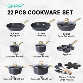 GiPP 22 Piece Ceramic Pots and Pans Set Non Stick - Nonstick Cookware Set, Non-toxic Healthy Kitchen Cooking Set w/Frying Pans Set, Dishwasher Safe, PFAS PTFE PFOA PFOS Free