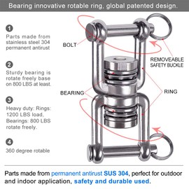 BeneLabel Dual Hanging Rings Hammock Swing Hanger, Swivel Stainless Steel Mounting Bearing Set D Shape Open Loop for Indoor Outdoor Playground Chair Yoga Rope Punching Bag Sandbag